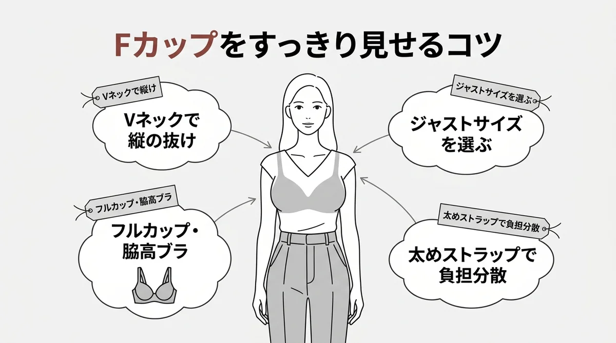 Fカップの大きさに合う服選び・ブラ選びのポイント図解