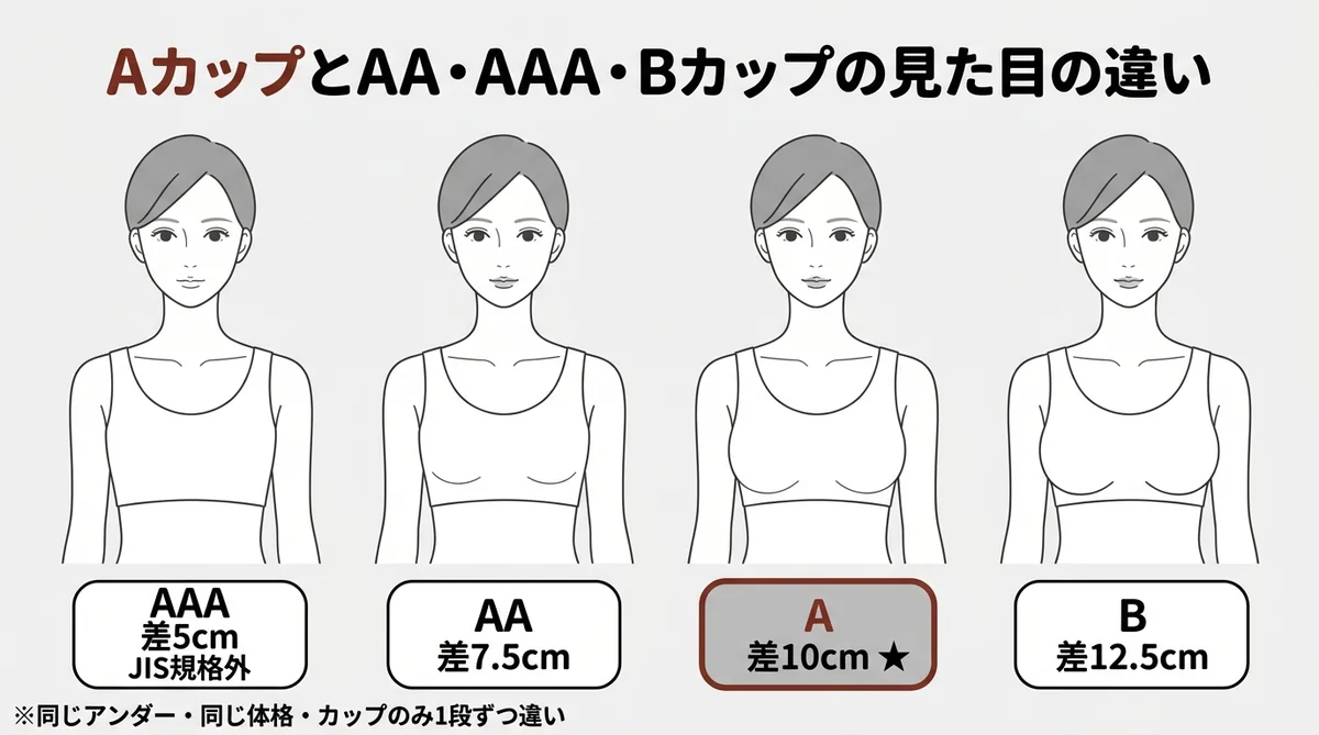 AカップとAA・AAA・Bカップの見た目の違いをJIS規格差（5cm/7.5-8cm/10cm/12.5cm）で比較したシルエット図解