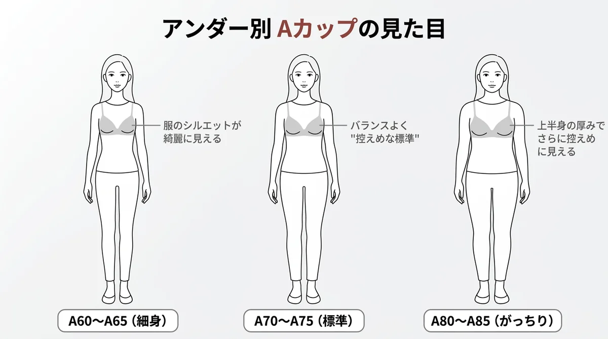 Aカップの大きさをアンダーA60〜A85のシルエットで比較した図解（服のシルエット違い）