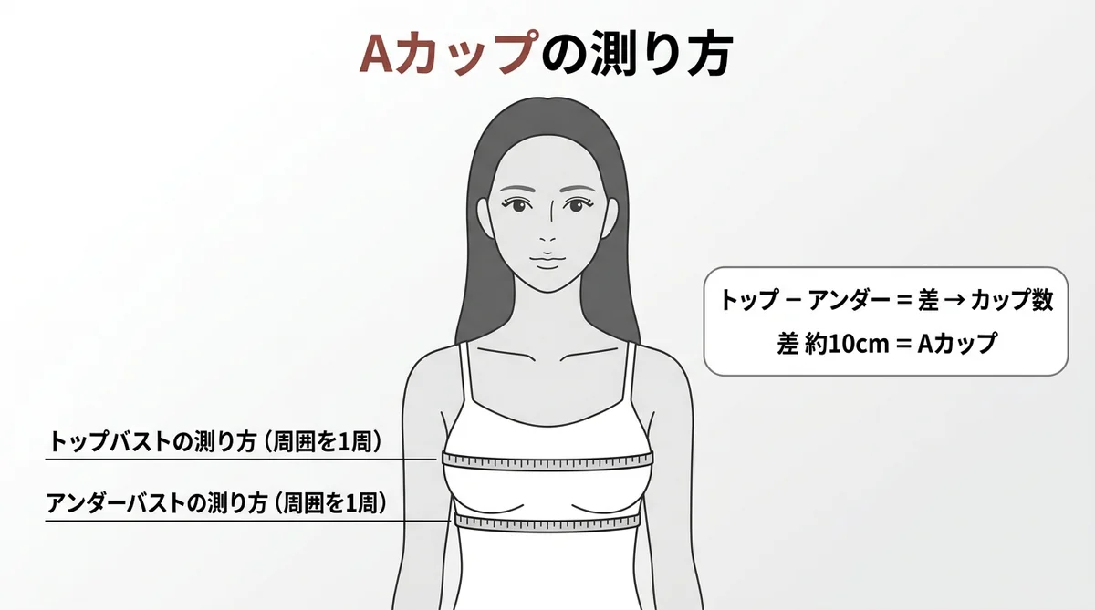 Aカップの大きさを確かめるトップバストとアンダーバストの測り方図解