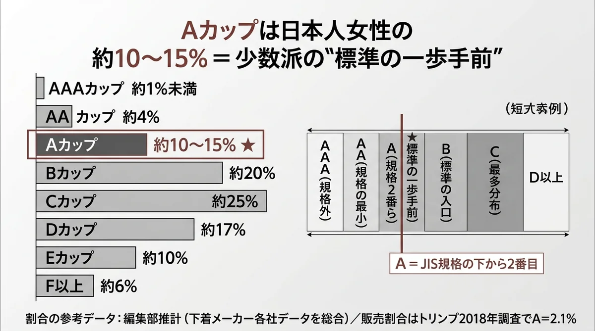 Aカップの割合図解（AAA/AA/A/B/C/D/E/F+ 分布・「標準の一歩手前」の位置づけ）