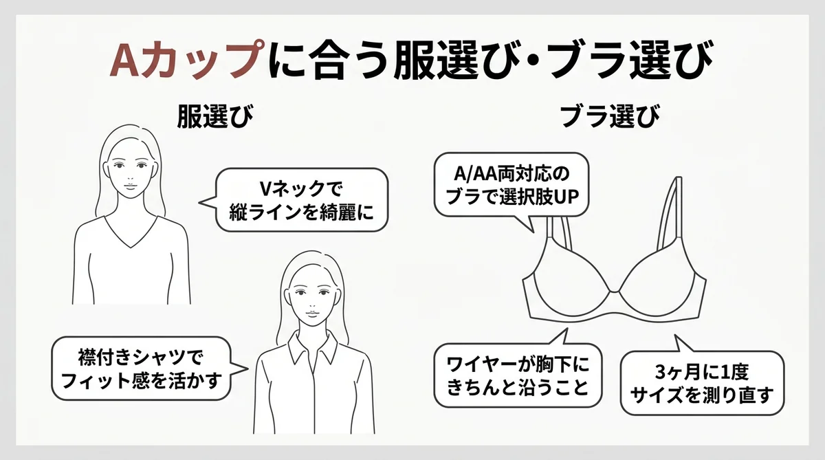 Aカップの大きさに合う服選び・ブラ選びのポイント図解