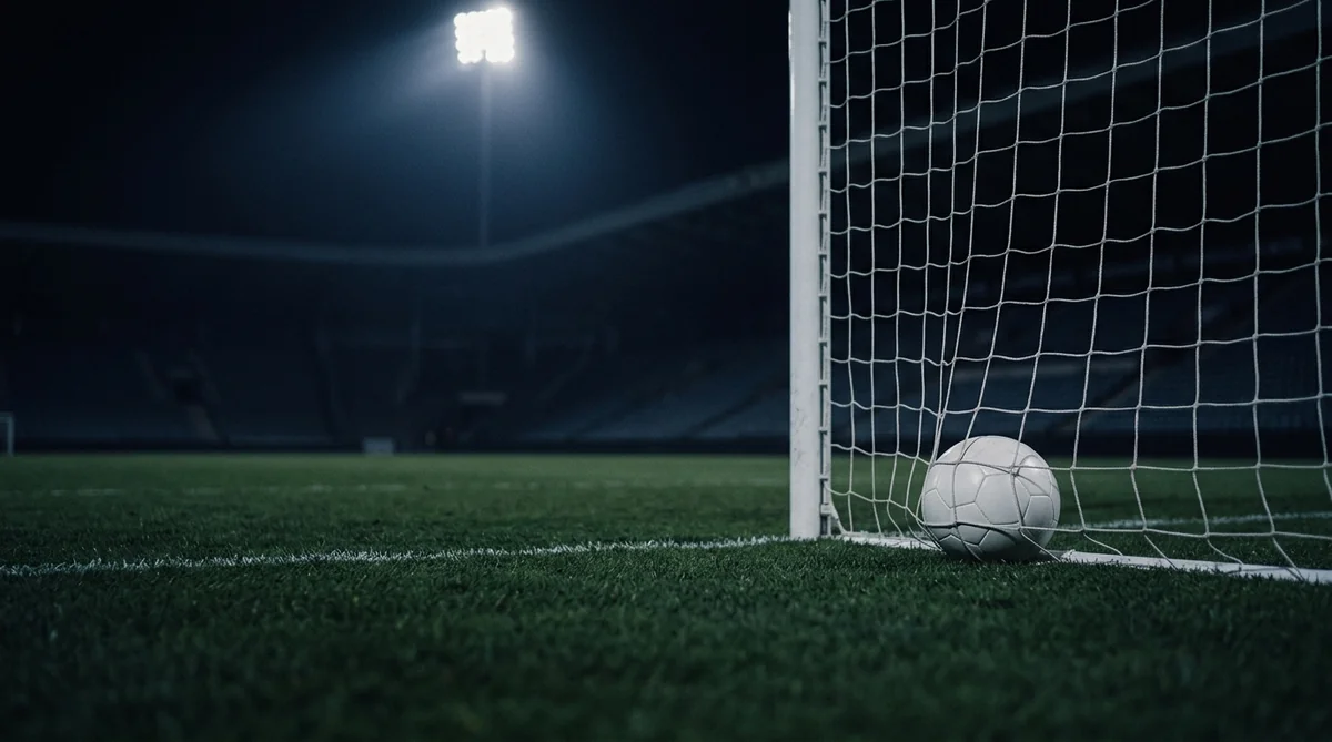 夜のスタジアムのゴールネットとサッカーボールのイメージ