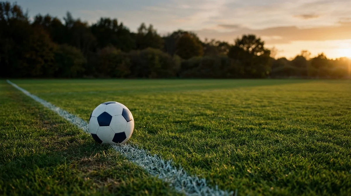 夕方のサッカー場の芝に置かれたサッカーボールのイメージ