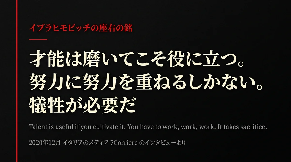 イブラヒモビッチの座右の銘の名言を英語原文と発言時期つきで示した画像