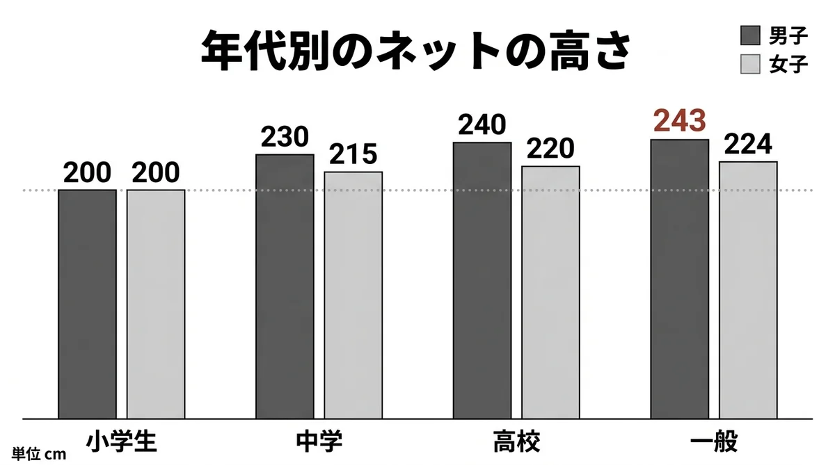 一般・高校・中学・小学生のバレーのネットの高さを男子と女子で比べた図
